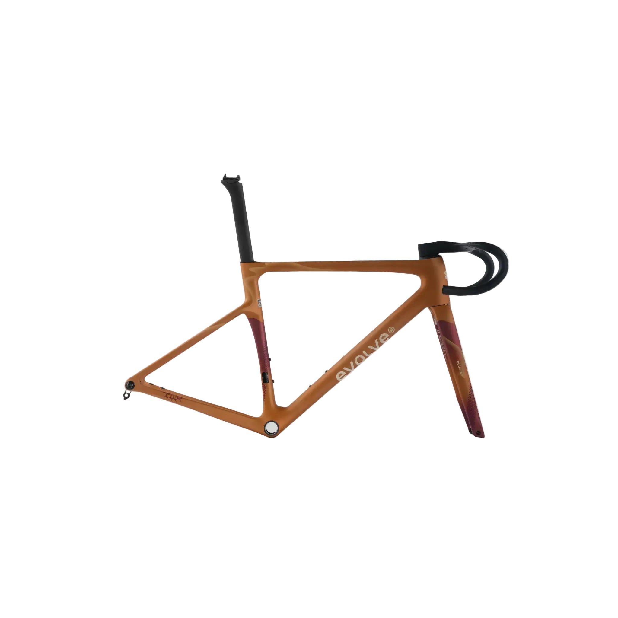 An Evolution road bike frame in a metallic bronze finish with a dark red and orange gradient pattern on the rear triangle, displayed on a light gray background.
