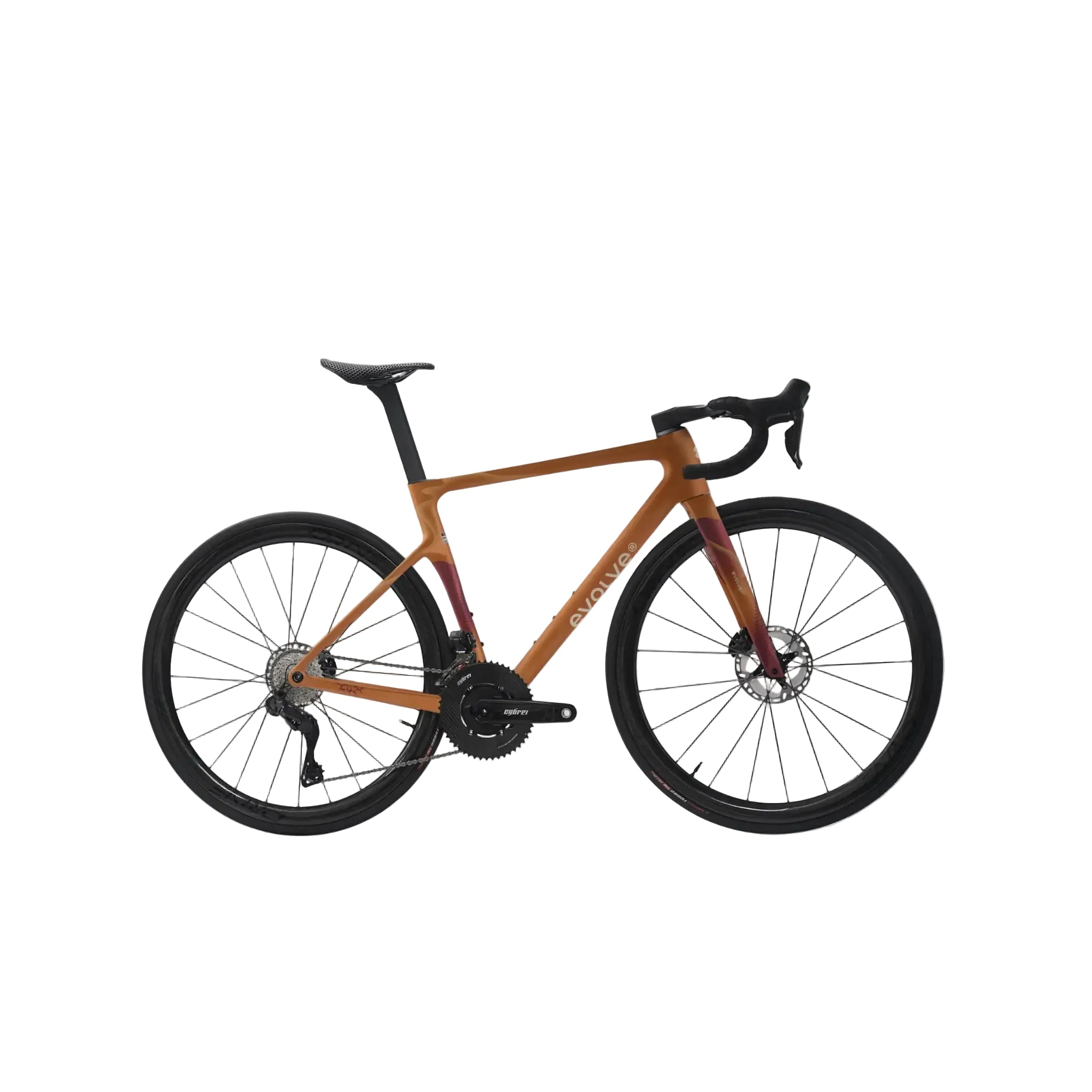 A carbon fiber road bicycle with a matte orange-brown frame, black drop handlebars, black wheels, and a black saddle, shown against a light gray background.