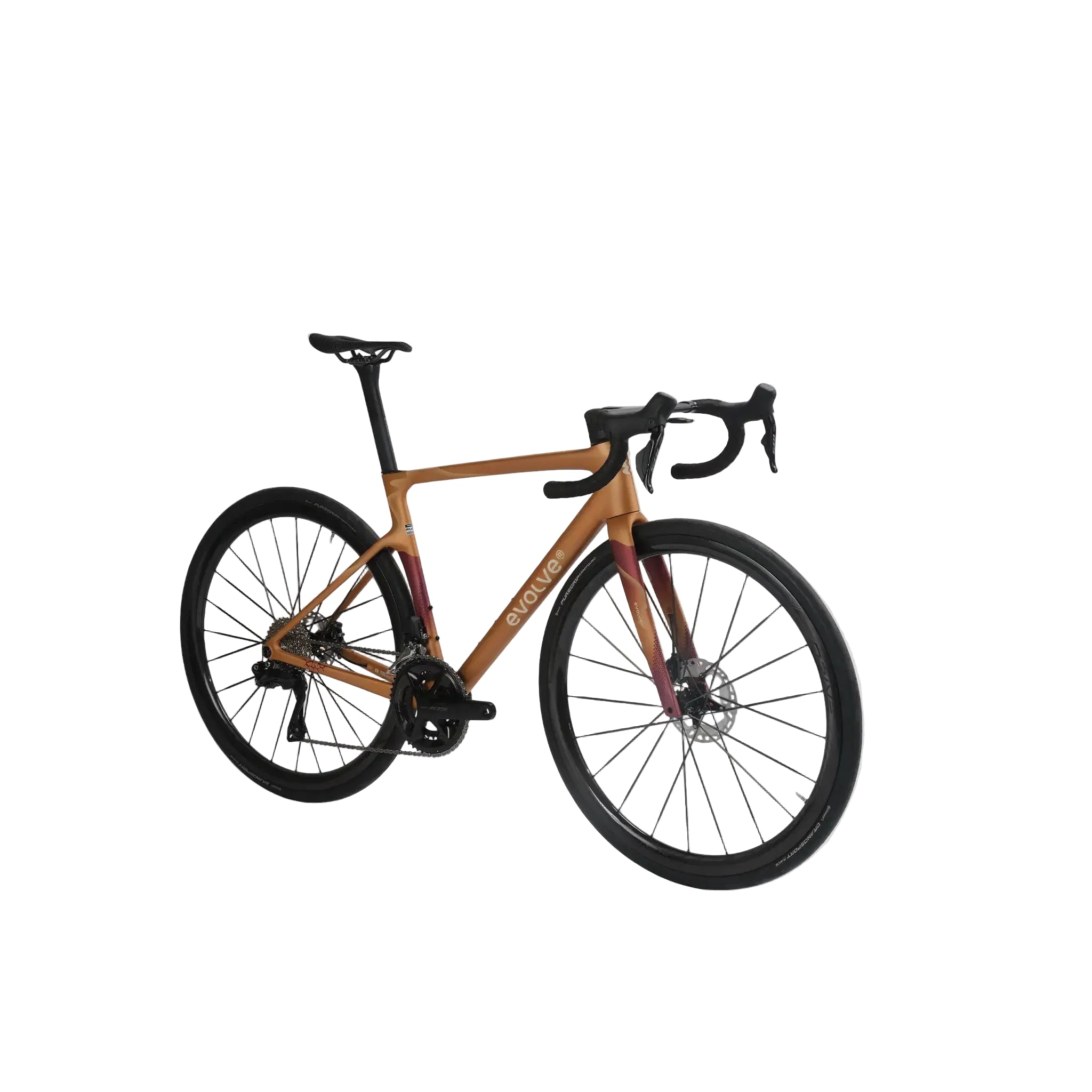 A road bicycle with a metallic bronze-brown frame, black components, and drop handlebars, shown against a solid light gray background.