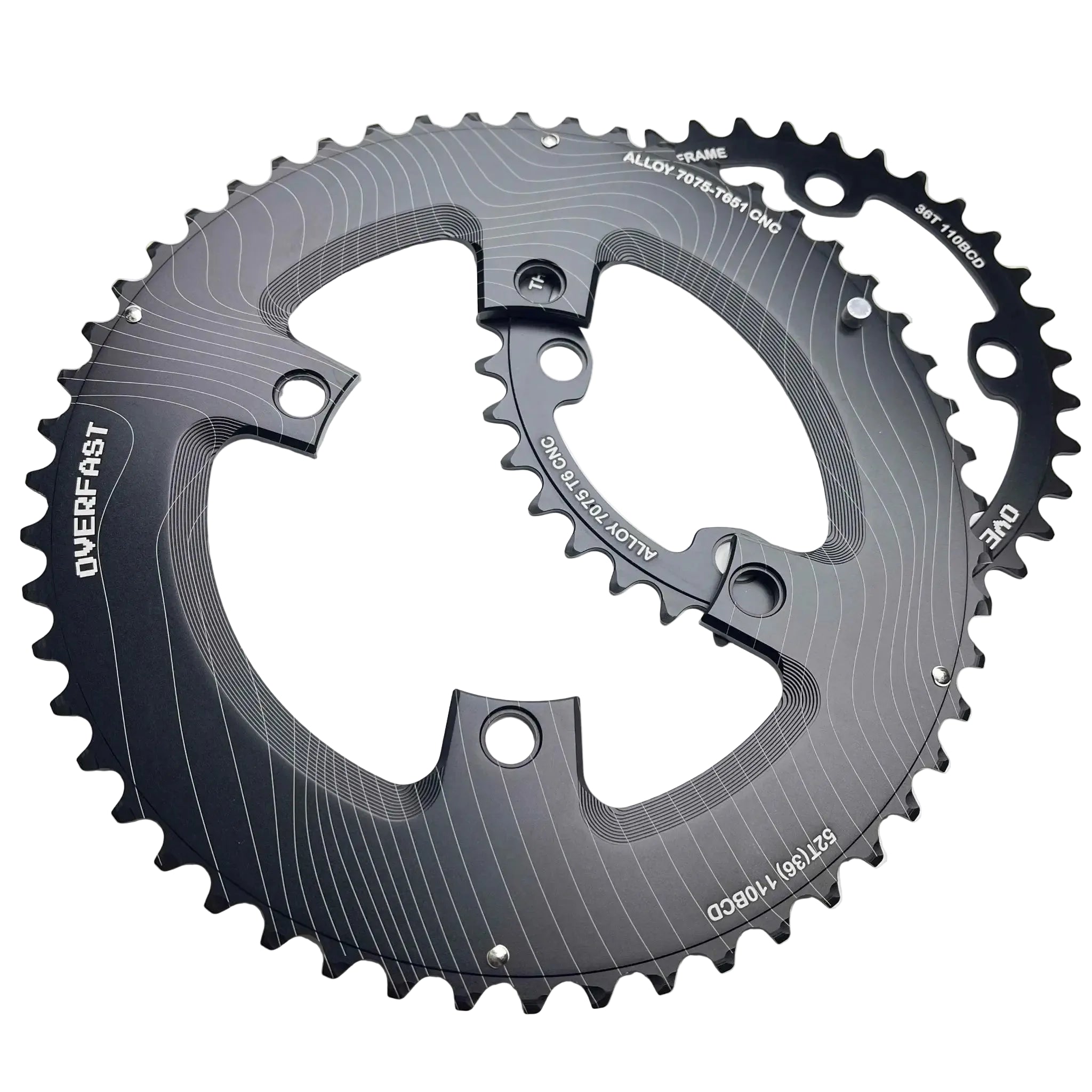 Bicycle chainring with 'OVERFAST' branding on a white background