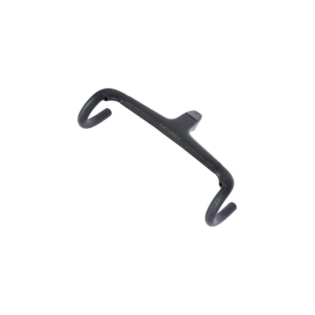 A black road bicycle handlebar with a flat profile and subtle white branding text, displayed on a light gray background.