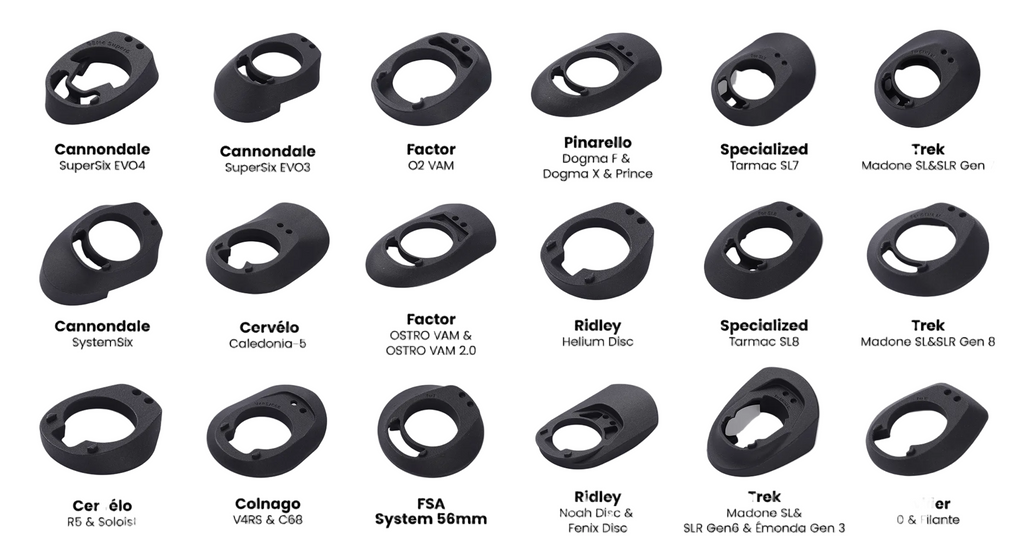 Collection of bicycle components with brand names labeled on a gray background