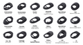 Collection of bicycle components with brand names labeled on a gray background