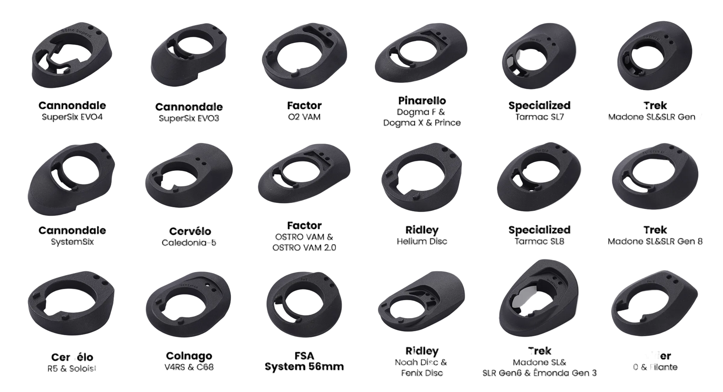Collection of bicycle components with brand names labeled on a gray background