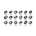 A product comparison chart showing 15 different bicycle headset models arranged in a grid on a light gray background, with each headset labeled with its brand and model name.