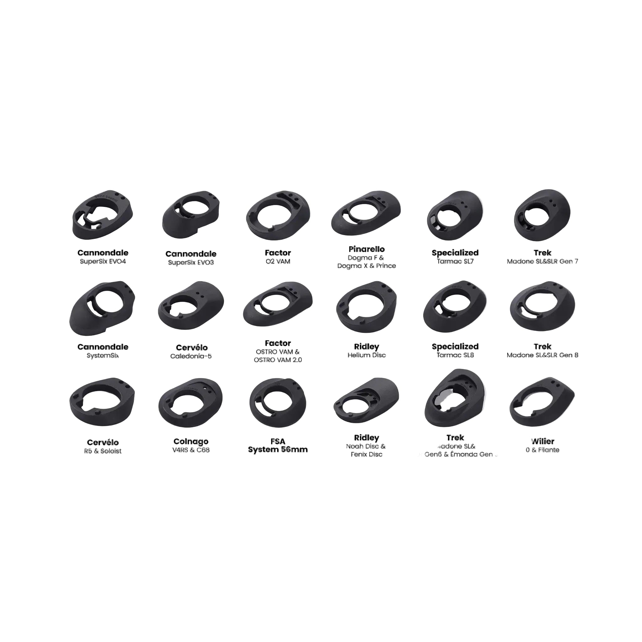 A product comparison chart showing 15 different bicycle headset models arranged in a grid on a light gray background, with each headset labeled with its brand and model name.