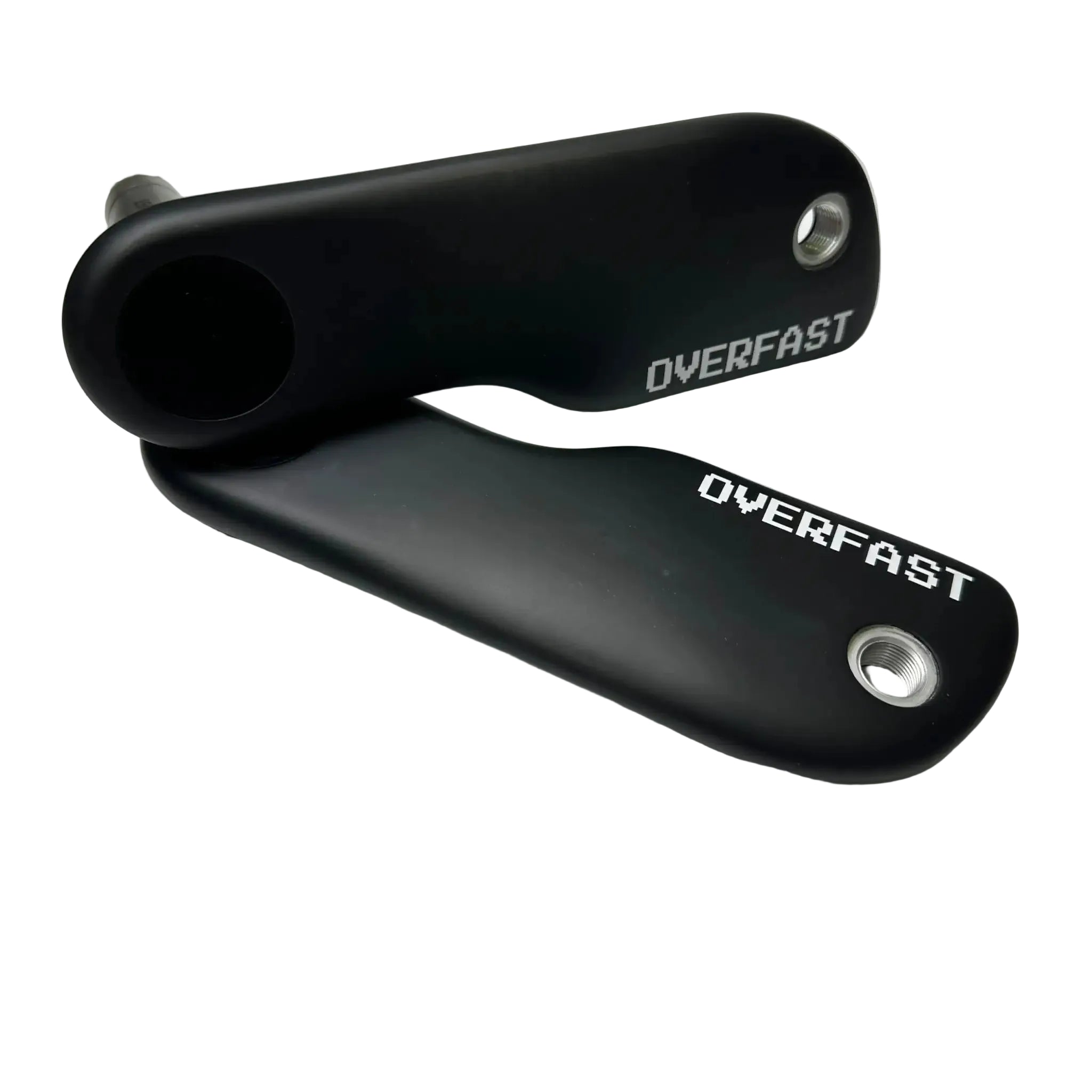 Two black bicycle crank arms with silver bolt holes and white 'OVERFAST' branding, displayed on a light gray background.