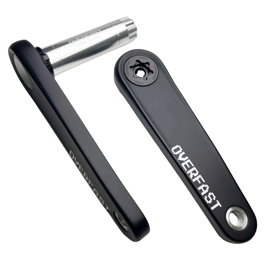 Two black bicycle crank arms with a silver spindle, branded OVERFAST, displayed on a clean white background.