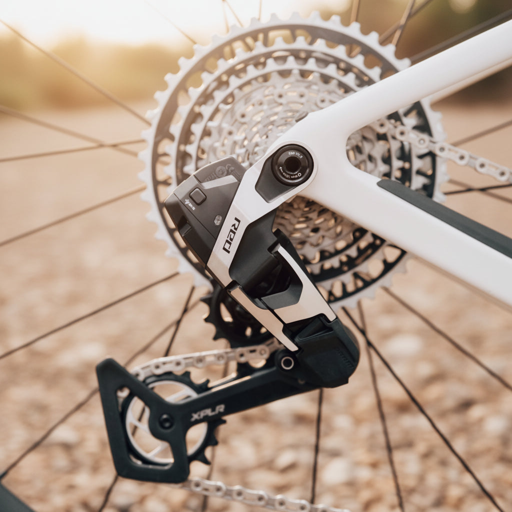 Close-up of a bicycle rear derailleur with a white frame and cassette in sharp focus against a blurred outdoor background.