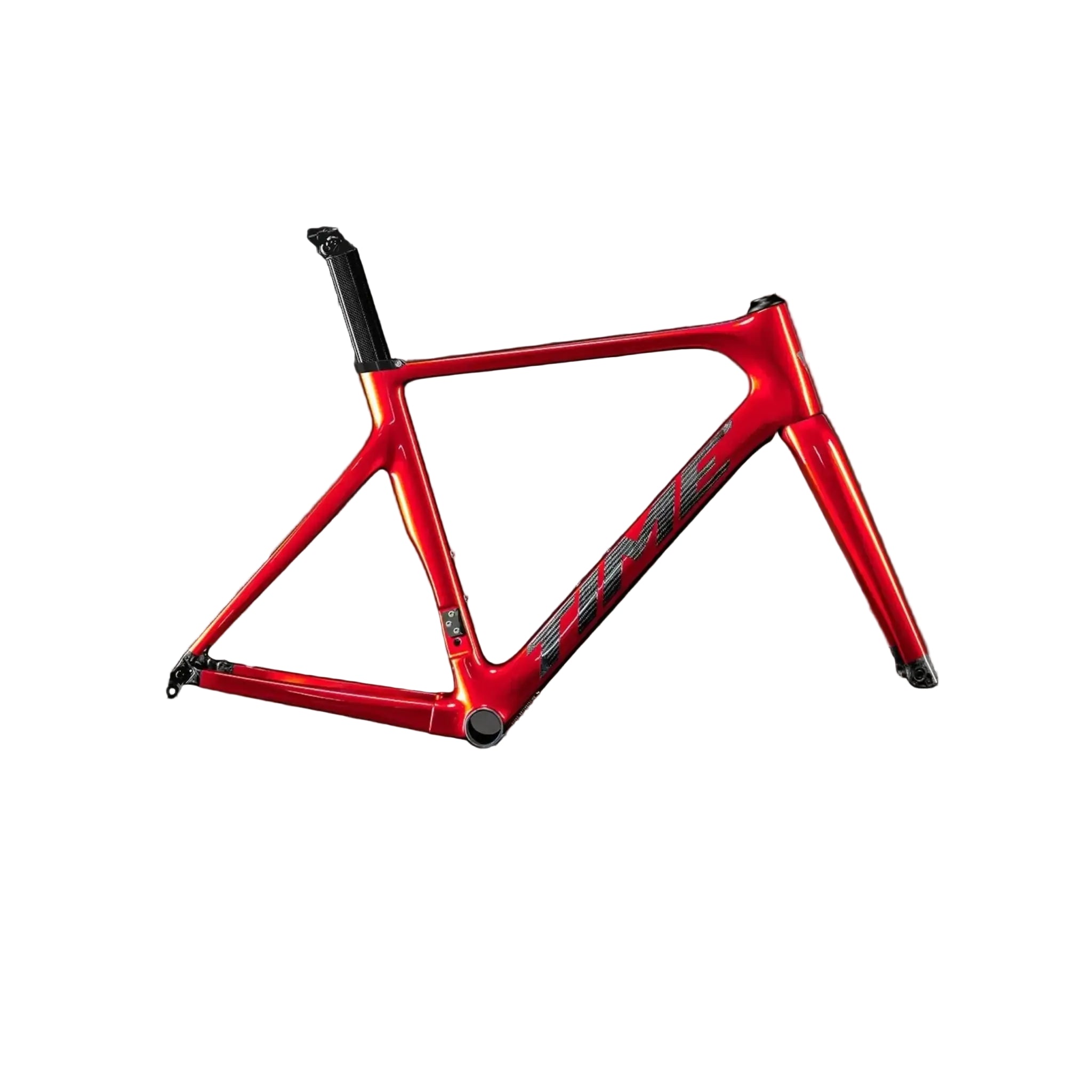 A red carbon fiber bicycle frame with black components, shown against a dark gray studio background.
