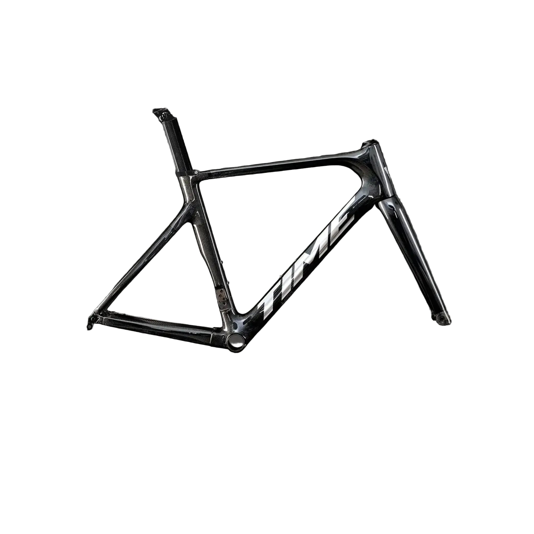 A black carbon fiber road bicycle frame with the brand name 'TIME' in white on the down tube, shown against a dark gray studio background.