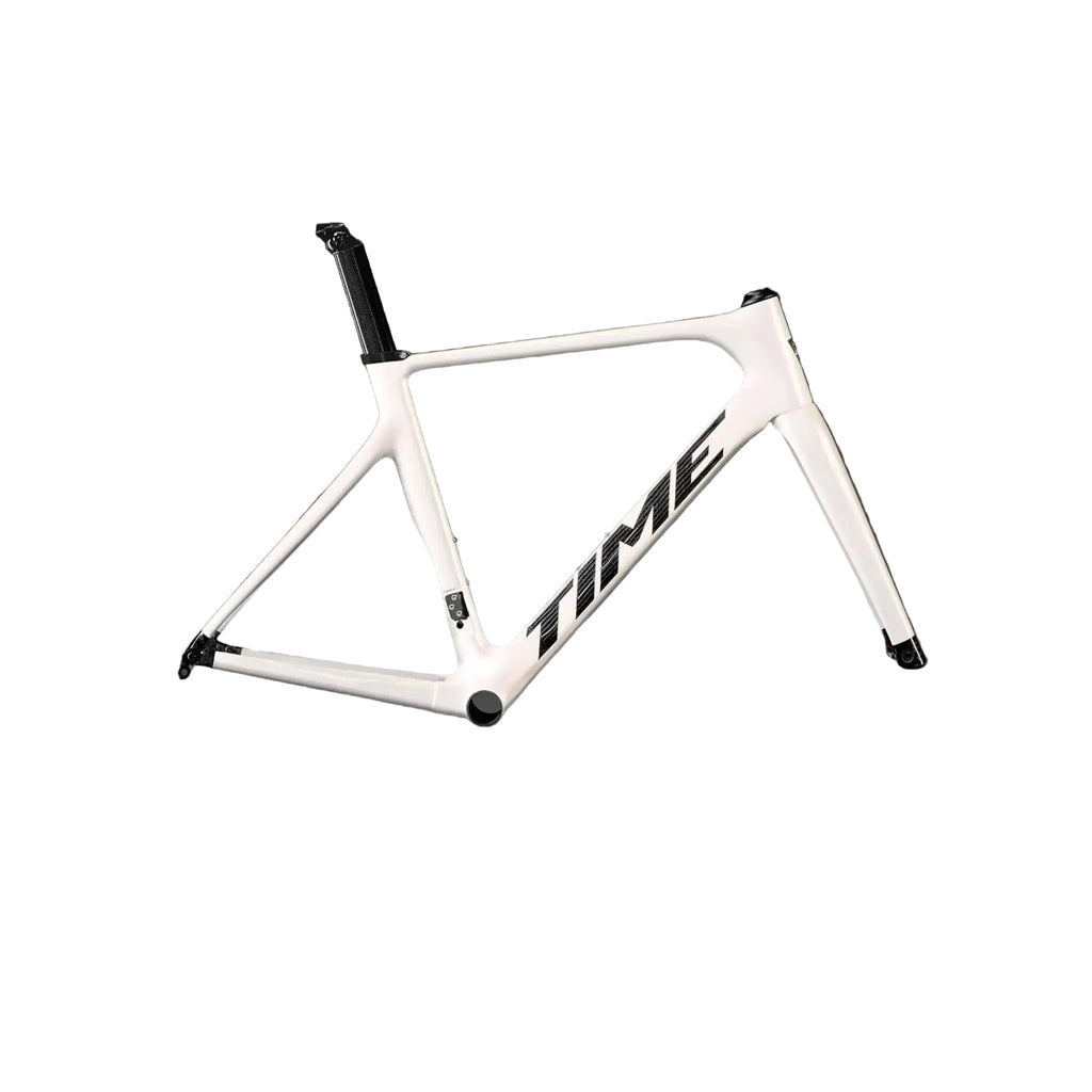 A white Time road bicycle frame with black components and the brand name 'TIME' printed on the down tube, shown against a dark gray gradient background.
