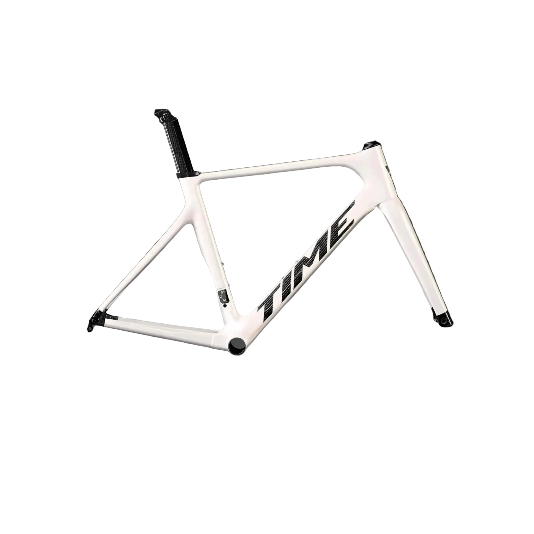 A white Time road bicycle frame with black components and the brand name 'TIME' printed on the down tube, shown against a dark gray gradient background.