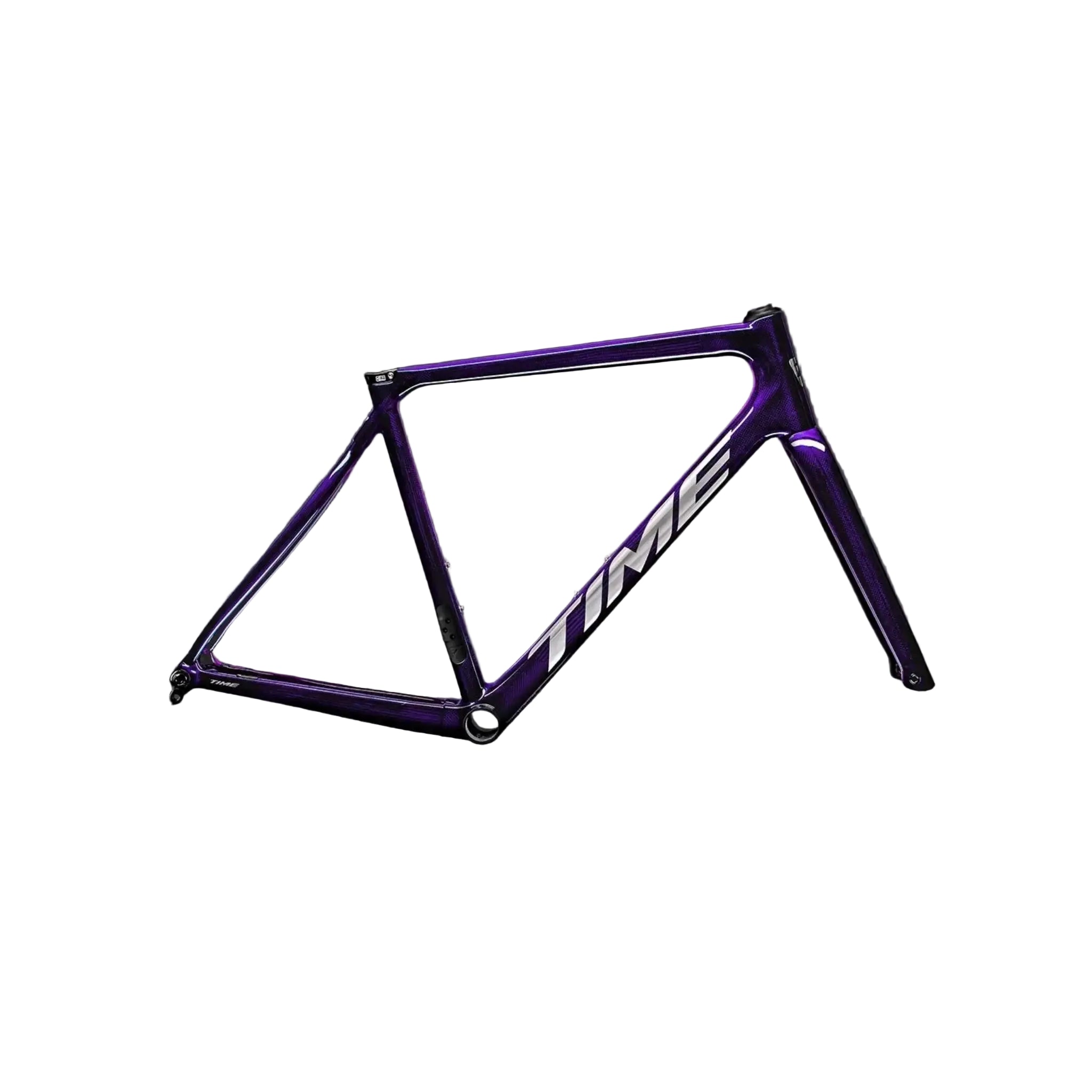 A purple road bicycle frame with white 'TIME' branding on the down tube, displayed against a dark gray gradient background.
