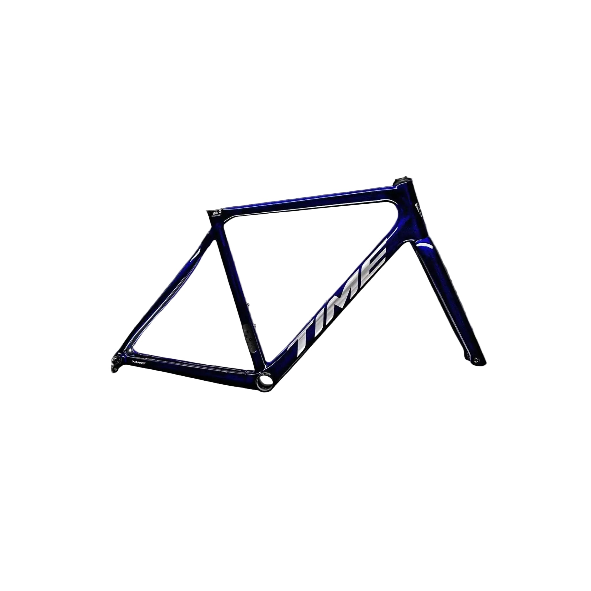 A dark blue bicycle frame with white 'TIME' branding, displayed against a dark gray background.