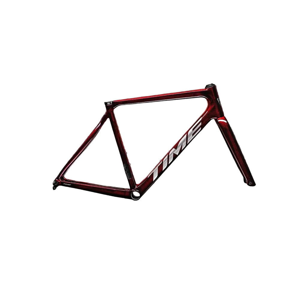 A carbon fiber road bicycle frame in metallic dark red with a glossy finish, featuring the white 'TIME' brand logo on the down tube, set against a dark gray studio background.